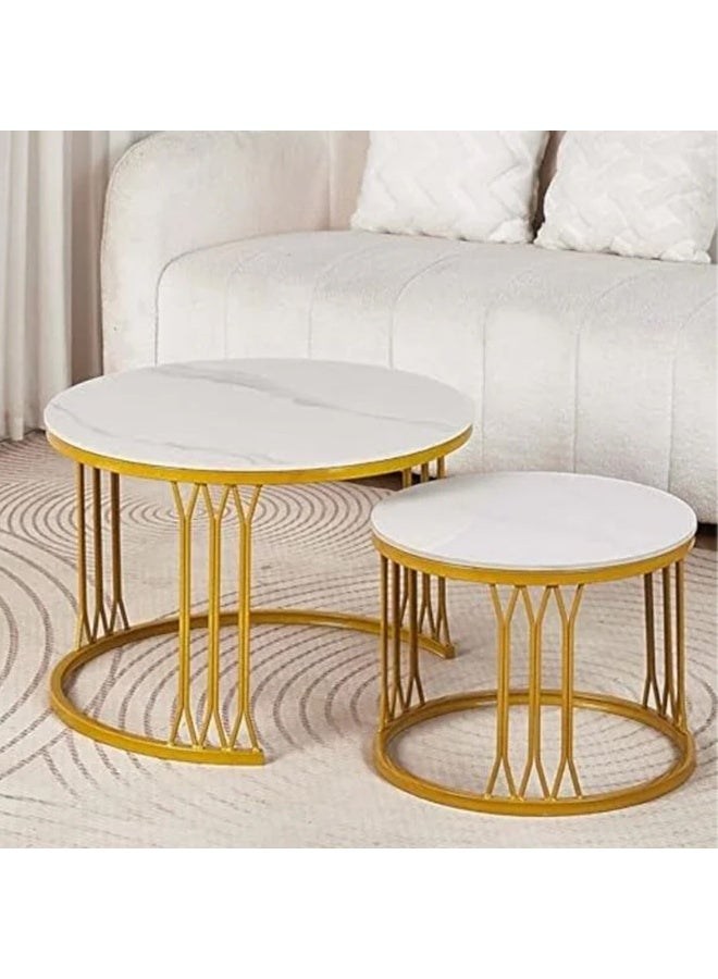 DubaiGallery Premium Round Nested Coffee Table Set with Smooth White Marble Style Top and Gold Metal Frame, Modern Living Room Furniture Set, Sofa Side and Center Table Use, Size Large 70×45cm and Small 50×38cm - Image 3